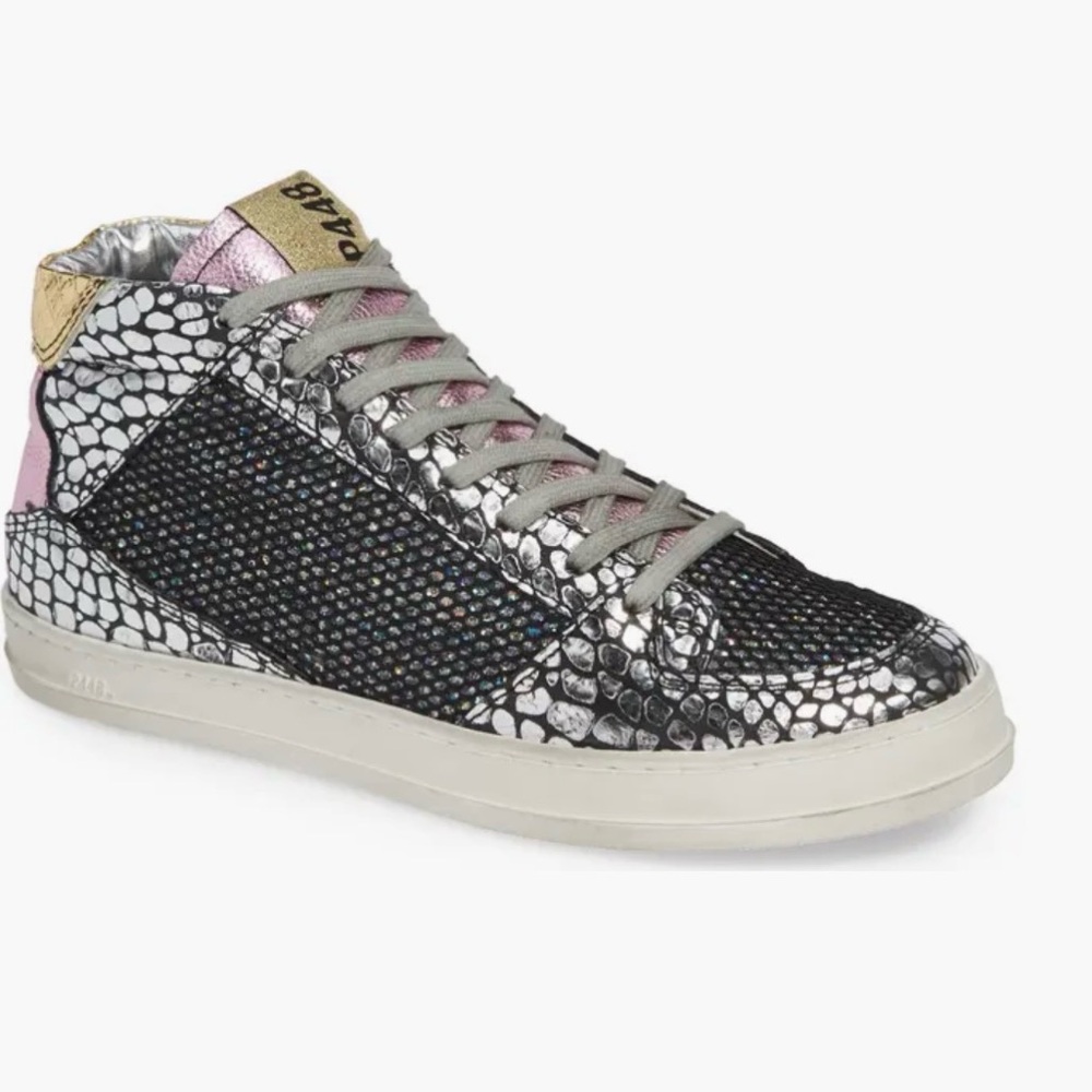 P448 Queens Mid-Top Sneakers in Croco Leather & Glitter Mesh Shoes Size 40